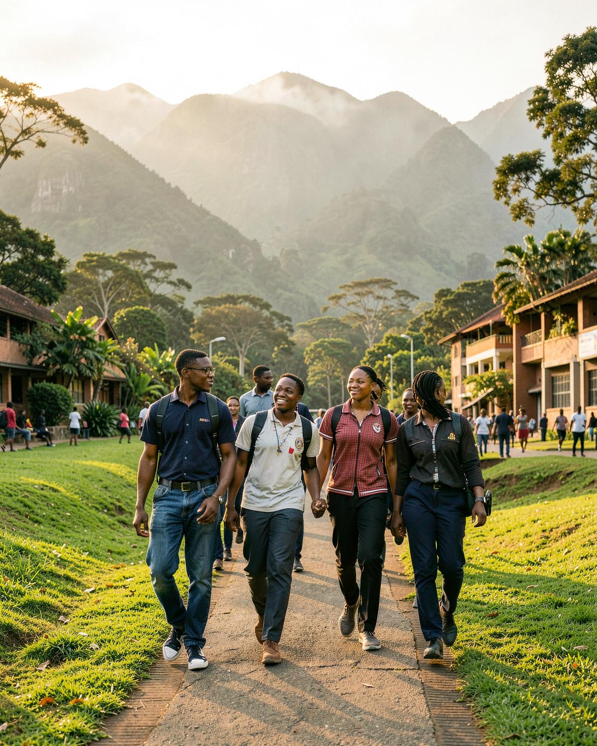 Udzungwa College students walking across the udzungwa campus with the mountains behind