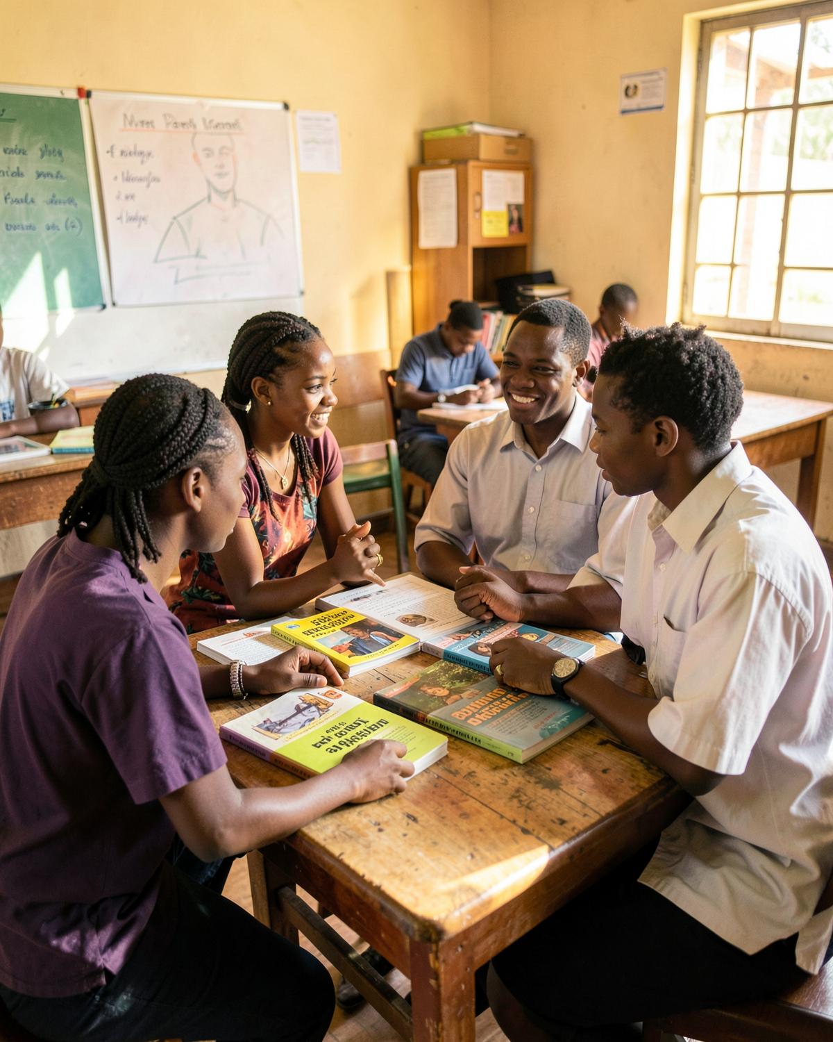 Students and a lecturer in discussion around a table at Udzungwa College