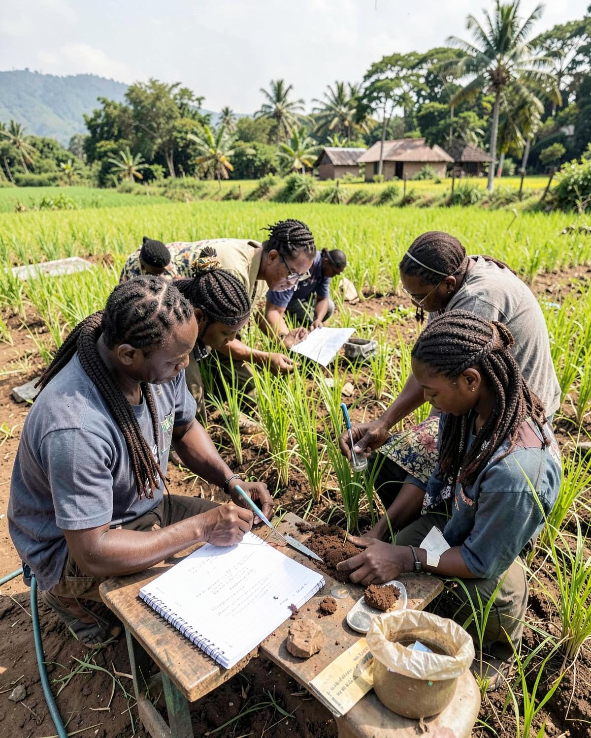 Udzungwa College agriculture students sampling soil in a Kilombero rice field